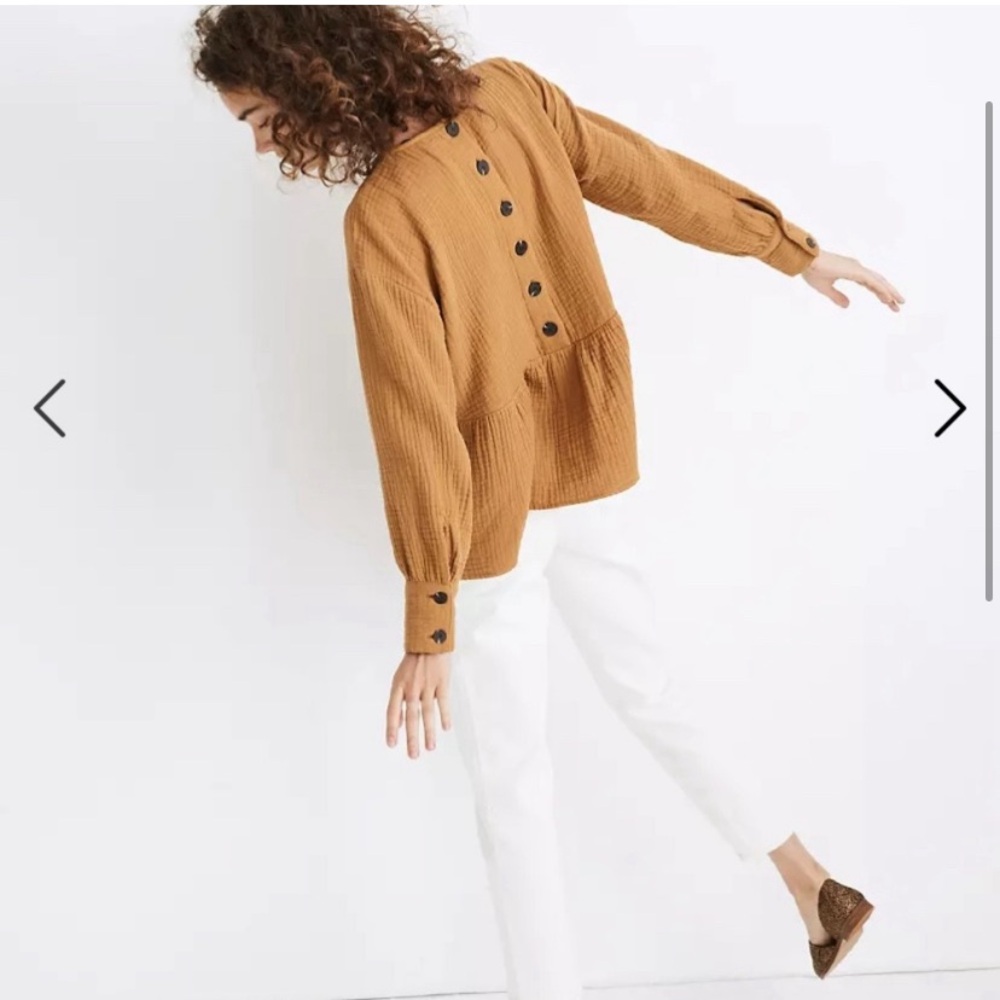 Madewell Lightspun Button-Back Peplum Top, Size Medium, mustard yellow